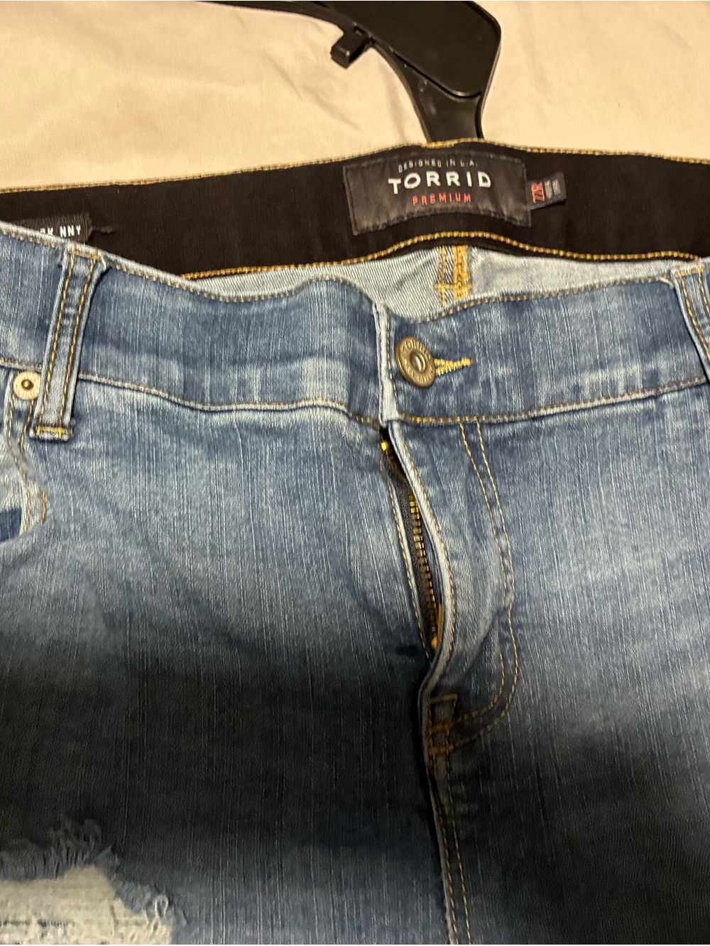 torrid Light/Medium Blue Relaxed Fit Denim Jeans with Gold Stitching